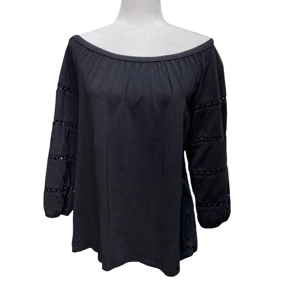 TALBOTS | sz LP Women's Black Ric Rac Sleeve Scoop Neck Off Shoulder Top 3/4